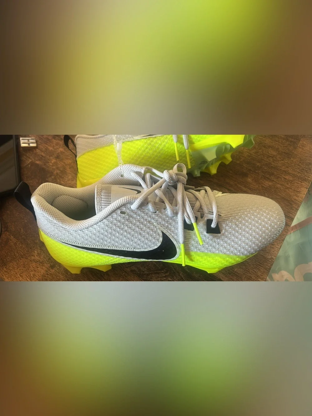 Nike Kids White and Neon Yellow Soccer Cleats with Black Swoosh
